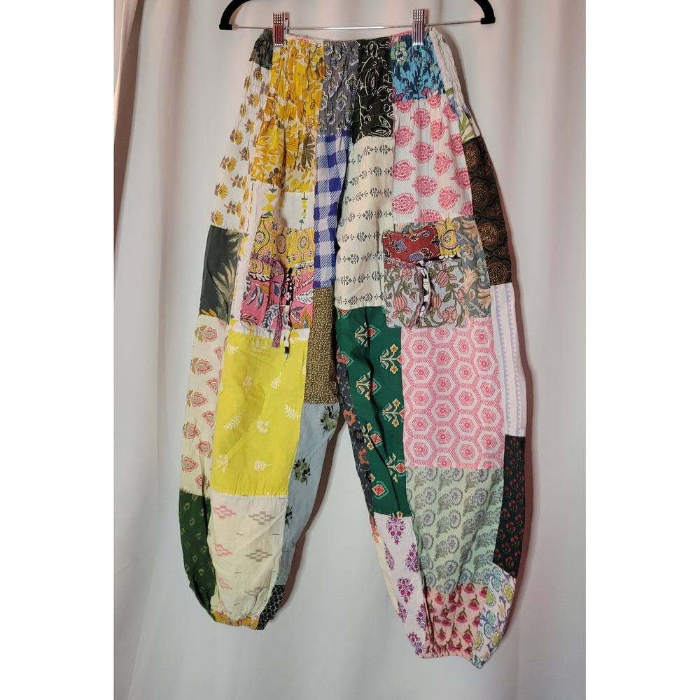 Boho Patchwork Harem Pants Hippie Elastic Waist Multicolored Cotton India